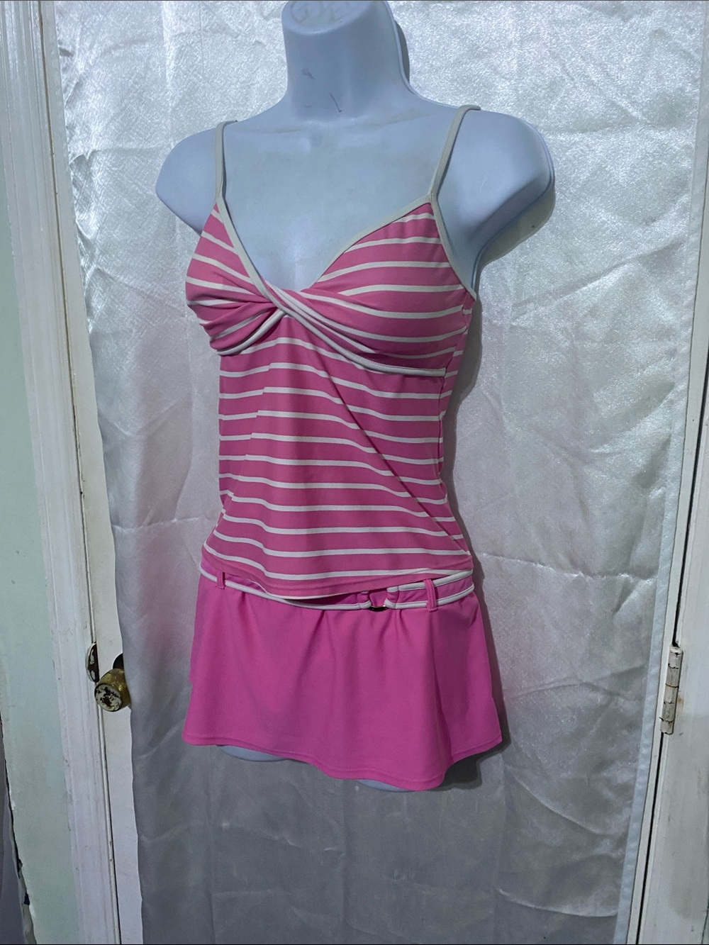 Y2K Women’s Pink Striped Tankini and Skirt Swim Set